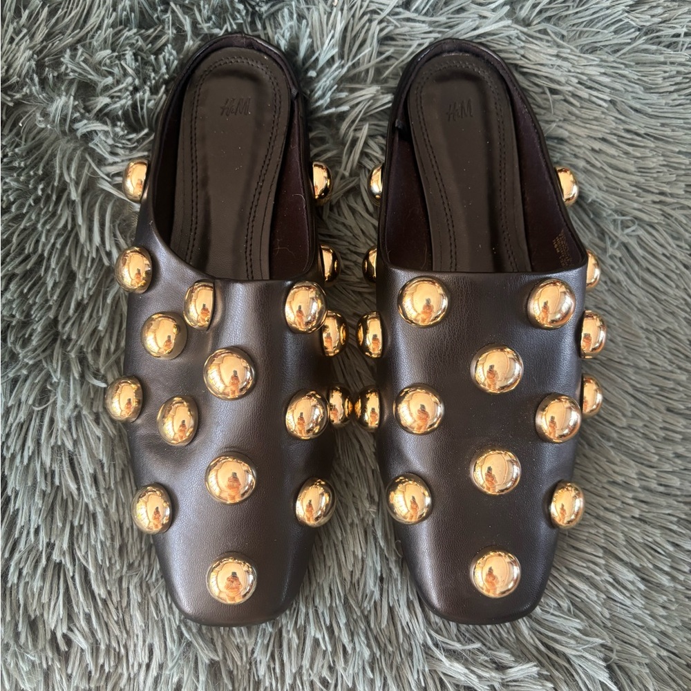 H&M Black Embellished Mules with Gold Accents